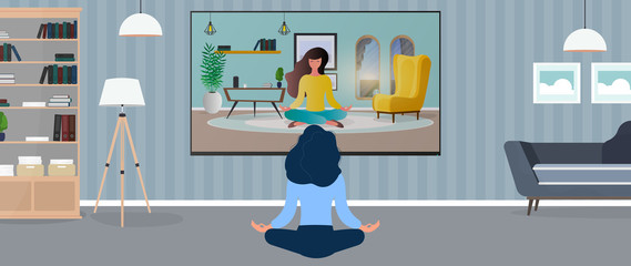 The girl in the office is engaged in meditation. Girl watching yoga lesson on tv. Vector.