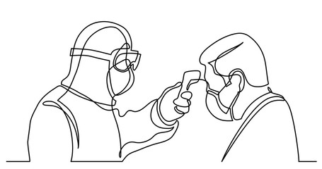 continuous line drawing of first responder in protective suit measuring temperture of man in mask