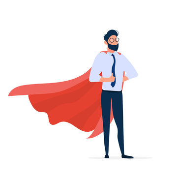 Businessman with a red cloak. The concept of leader, superhero. Entrepreneur shows a class. Isolated. Vector.