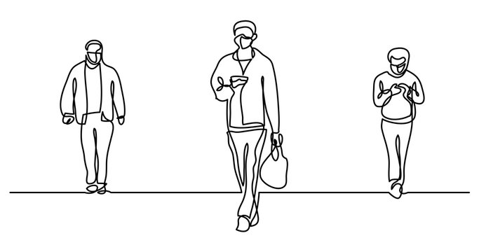 Continuous Line Drawing Of People In Protective Masks Walking On Street Practicing Social Distancing