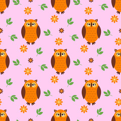 Seamless pattern with cute cartoon owl. Vector illustration on a flat style.