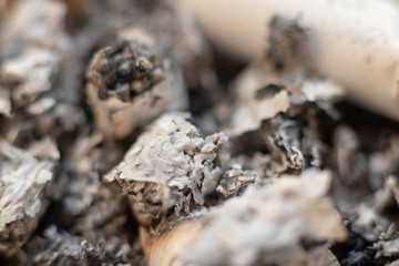 Macro closeup of burnt ash from cigarettes. Bad unhealthy smoking habit