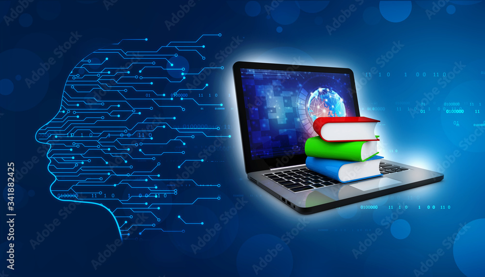 Aufkleber digital library and online education concept - laptop computer with colorful books. 3d rendering