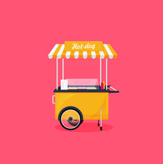 Hot dog, street cart. Vector flat illustration isolated on color background
