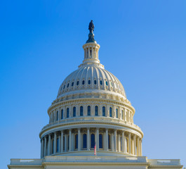 Obraz premium Kapitol Stanów Zjednoczonych z flagami USA przy połowie personelu, budynek Kapitolu Narodowego Waszyngton, USA