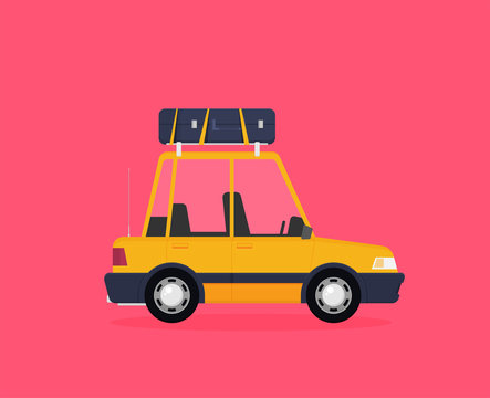 Vector illustration of a travel car with luggage isolated on color background