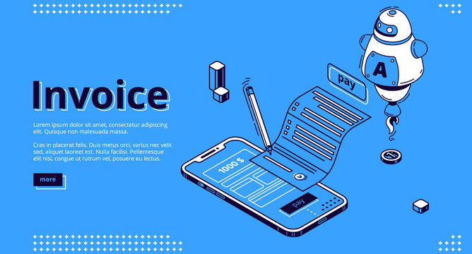Invoice isometric landing page. Large bill for tax or service payment and smartphone screen with interface, ai. Shopping, banking, accounting paycheck, smart technologies 3d vector line art web banner