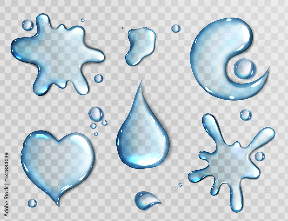 Poster water spills isolated on transparent background. vector realistic set of liquid puddles in shape of 