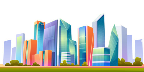 Urban cityscape panoramic banner vector cartoon illustration with buildings, city skyline with skyscraper and tower architecture, megapolis landscape, town scenic background isolated on white © klyaksun