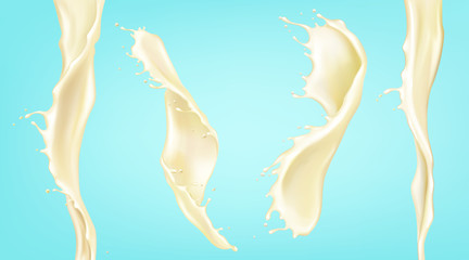 Vanilla milk splash and stream. Vector realistic mockup of spiral waves of liquid cream, yogurt, dairy drink. Twisted flow of milk with splash and drops isolated on blue background