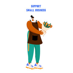 Florist in the period of quarantine. Bright vector flat illustration with florist in mask. Support small business. 