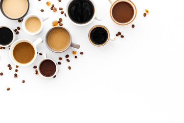 Many cups of coffee on white desk top view space for text