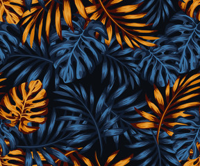 Musterzeichnung mit goldenen und schwarzen tropischen Blättern auf dunklem Hintergrund. Exotisches botanisches Hintergrunddesign für Kosmetik, Spa, Textilien, Hemd im hawaiianischen Stil. Tapeten- oder Stoffmuster.