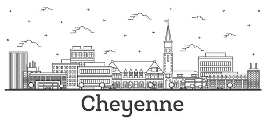Fototapeta premium Outline Cheyenne Wyoming City Skyline with Modern Buildings Isolated on White.