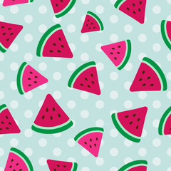 watermelon flat vector illustration with sky blue polka dots seamless pattern