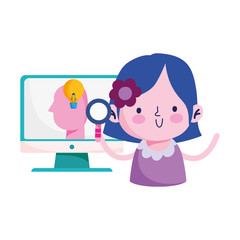 Girl kid with computer lupe head and light bulb vector design