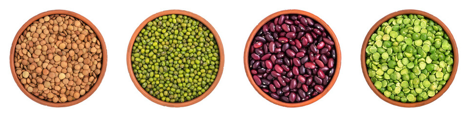 Collection of various legumes in bowls isolated on white background, banner. Lentils, green peas, red beans, mung bean. Top view.