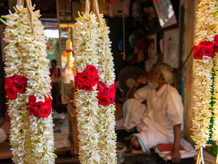 Floral garlands for sale in a market, Chennai, Tamil Nadu, South India