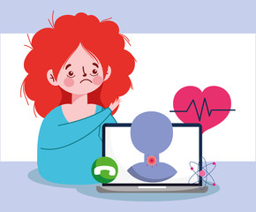 Woman with fatigue laptop and sore throat vector design