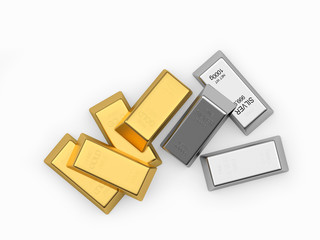 A pile of gold and silver bars isolated on white background. 3D illustration	