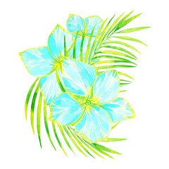 Fototapeta na wymiar watercolor plumeria flowers in a bouquet with palm leaves isolated on a white background, bright floral illustration for decoration.