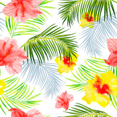 Fototapeta na wymiar summer seamless colorful print with tropical hibiscus flowers and palm leaves on a white background, floral pattern with watercolor plants.