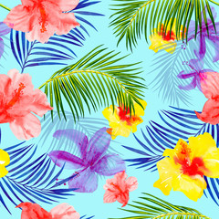 Obraz premium lush tropical seamless pattern on a blue background, watercolor hibiscus flowers and palm leaves, colorful summer print.