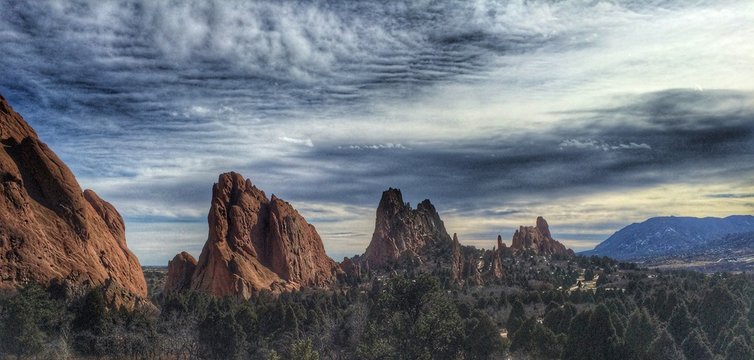Garden Of The Gods Against Cloudy Sky In Colorado Springs