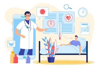 Online Medicine. Consultation and Treatment Service on Smartphone. Medical Healthcare Mobile Application. Stay at Home. Infected People Self-Isolation on Covid19 Quarantine. Patient and Doctor Meet