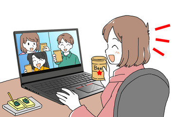 オンライン飲み会を楽しむ男女のイラスト