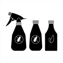 Vector silhouette of a spray bottle for the garden on a white background. For agriculture and watering plants and vegetables. Flat design objects without fill. Vector and stock illustration.