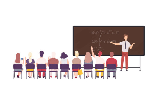 Male Math Professor Teaching Students In Classroom, University, College, High School Lesson Flat Vector Illustration