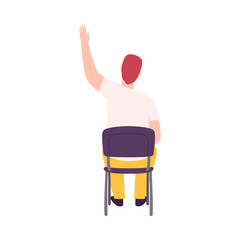 Male College Student Sitting on Chair in Class, Back View of Young Man Raising his Hand During University Lecture Flat Vector Illustration