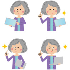 ポップなシニアの女性 ノートPCとタブレットで4ポーズ