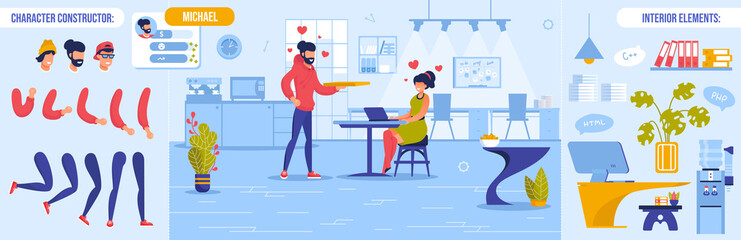 Romantic Atmosphere in Office People Creation Kit. Man Woman Coworker Fall in Love. Arm, Leg, Head, Emotion Set. Work Interior Room Design, Guy Character Bundle Constructor. Vector Illustration