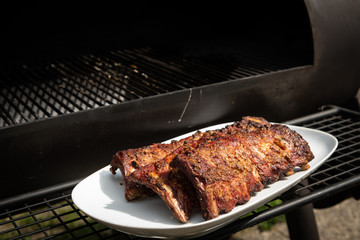 Grilled spareribs lying on a white plate