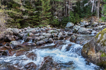 Beautiful bright contrasting mountain landscape. The mountain river flows fast through the mountain rocks, forming waterfalls and a lot of spray. Balkan Mountains, Bulgaria, Europe