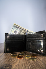 wallet with one hundred dollar bill on wooden background