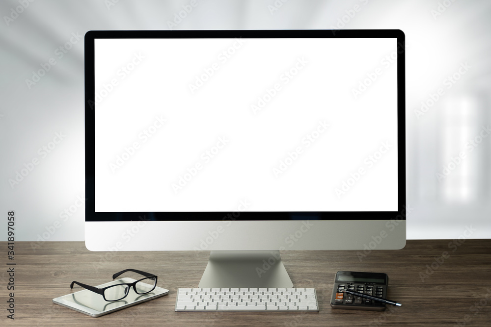 Poster man of business man hand working on laptop computer on wooden desk laptop with blank screen on table