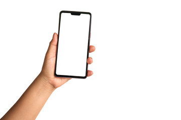 The hand is holding the white screen, the mobile phone is isolated on a white background with the...