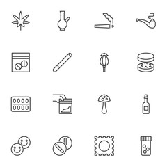 Narcotic drugs line icons set, outline vector symbol collection, linear style pictogram pack. Signs, logo illustration. Set includes icons as marijuana leaf, smoking tube, cocaine package, cannabis