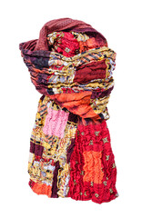 tied stitched red brown patchwork scarf isolated