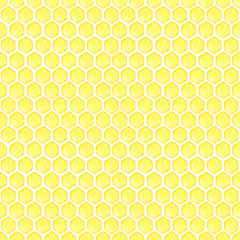 Watercolor  honeycomb seamless pattern, yellow background, honey, bees, wax, beehive, summer theme. Honey print. Bee card