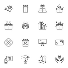 Gift box line icons set, outline vector symbol collection, linear style pictogram pack. Signs logo illustration. Set includes icons as birthday present, box with bow ribbon, surprise package
