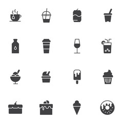 Dessert food vector icons set, modern solid symbol collection, filled style pictogram pack. Signs logo illustration. Set includes icons as coffee cup, soda drink, water bottle, ice cream, cake, muffin