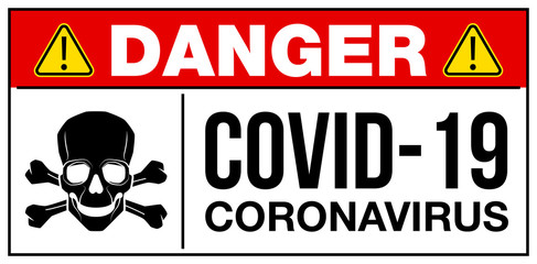 Obraz premium Coronavirus warning and attention icon sticker. Exclamation mark health skull danger sign, COVID19 or 19 nCoV epidemic and pandemic symbol. biohazard flat logo template for medical Infographic sticker