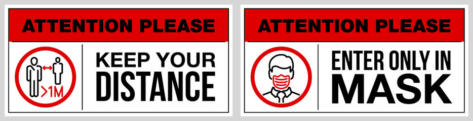 set of stickers for public institutions calling for prevention of coronavirus: keep distance 1 meter, wear a mask on face, stay at home. Prevention Coronavirus Covid 19 pandemic quarantine banner set