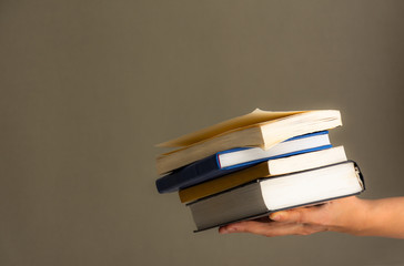 A stack of books in your hand, A day of Books, several books on one hand on a neutral background....