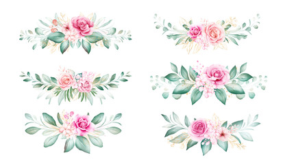 Set of watercolor flowers bouquet. Floral illustration of soft peach roses, leaves, and buds arrangement. Botanic composition design for wedding, greeting card isolated white background