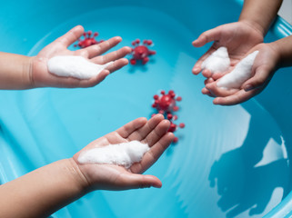 Coronavirus outbreak in 2019,Child washing hands with soap and Flu COVID-19 virus cell, Corona protection